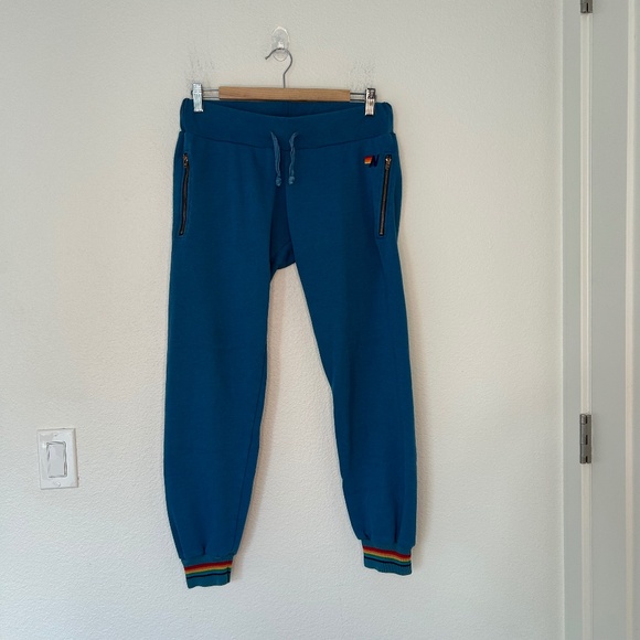 Aviator Nation Blue Joggers Zipper Pockets Size Medium Rainbow Cuffs - Picture 1 of 14